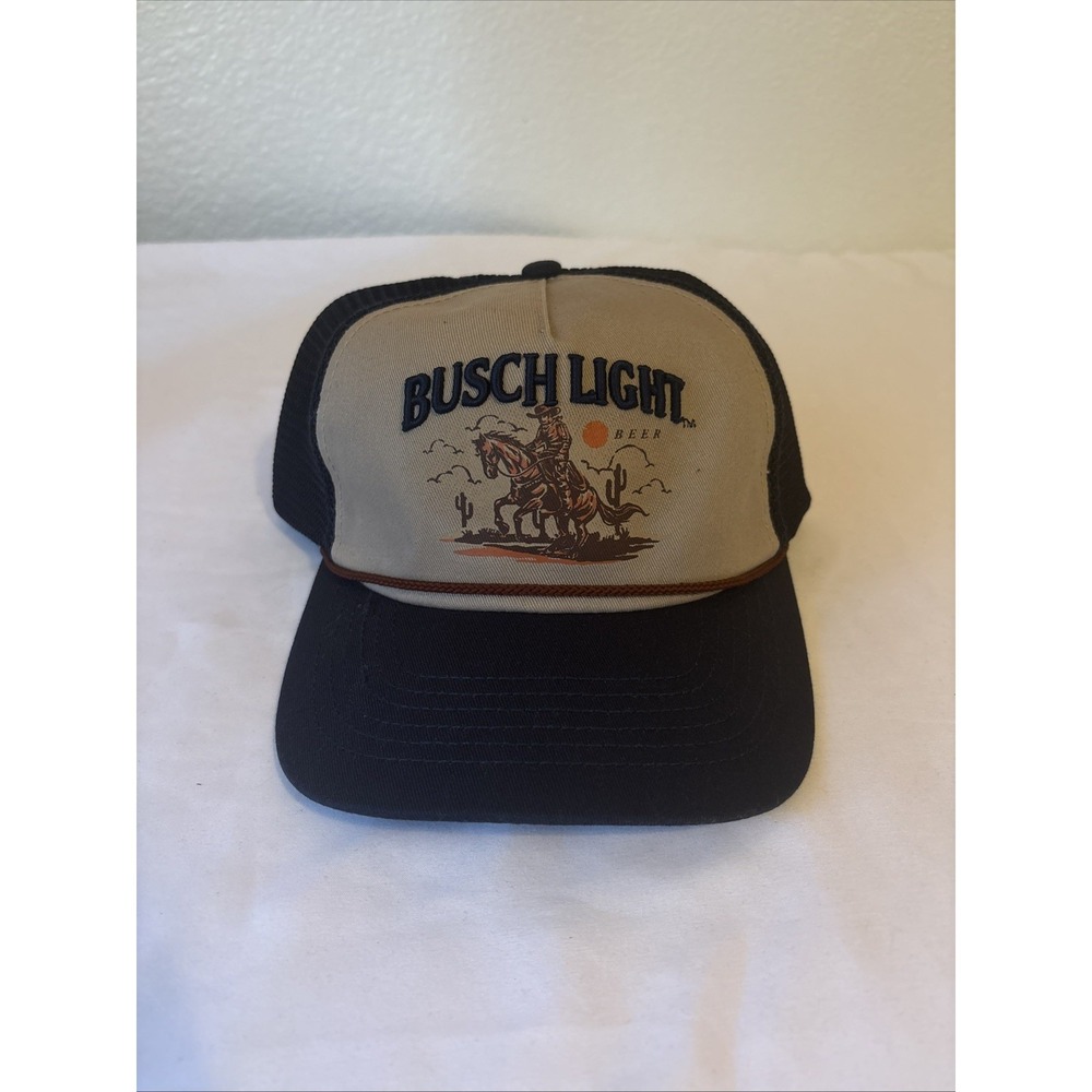 Busch Light Beer Western Sunset Cowboy Horse Snapback Hat Cap Beige Blue NWT NEW